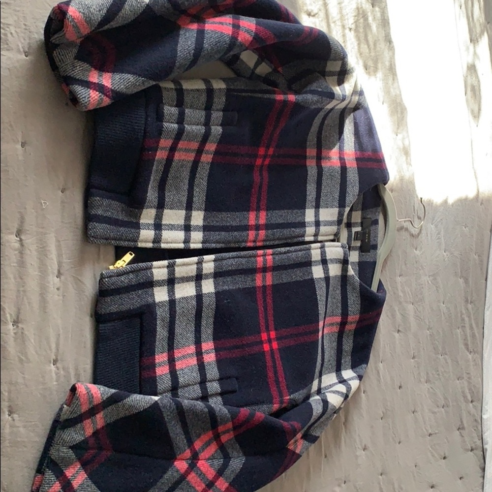 J.crew plaid wool bomber jacket in red and blue